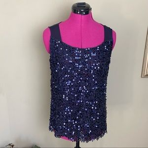 ELIE TAHARI Navy Blue Sequence Tank Top